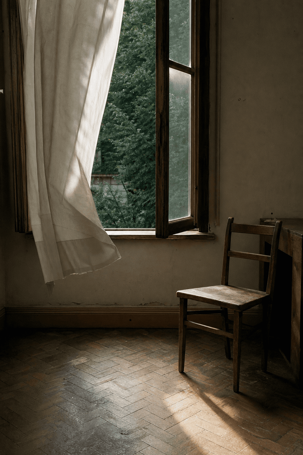 Ein offenes Holzfenster mit heller Gardine, spätes Licht auf einem Parkettboden und einem einfachen Stuhl