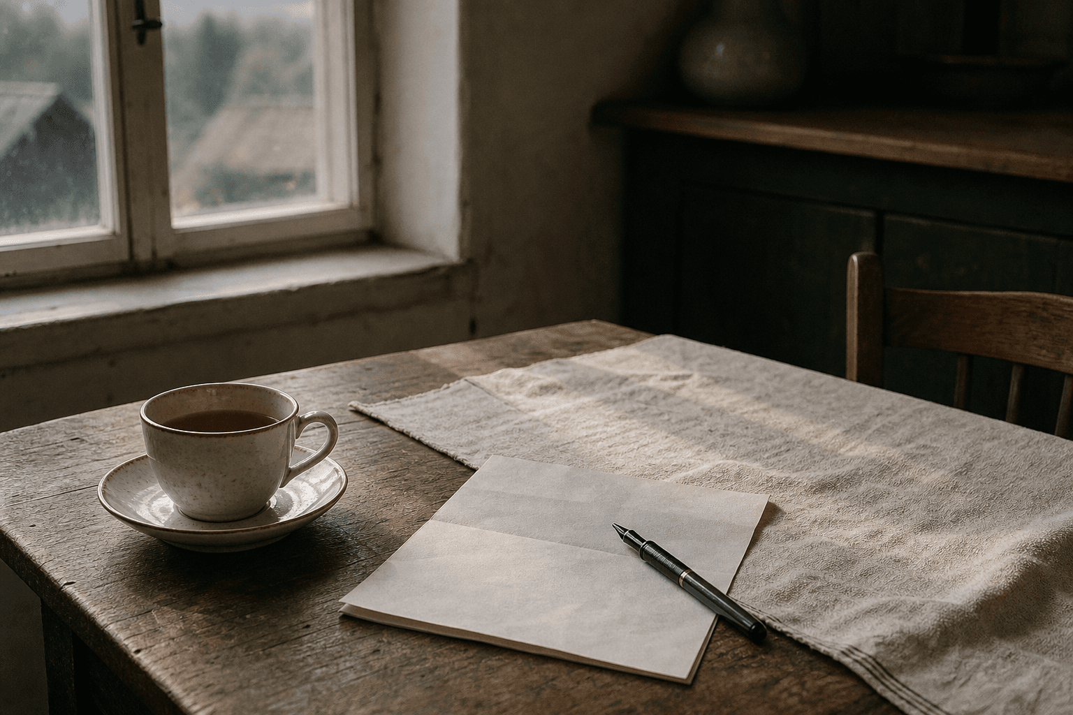Ein hölzerner Küchentisch am Fenster im späten Nachmittagslicht, mit einem Blatt Papier, einem Füller und einer Tasse Tee